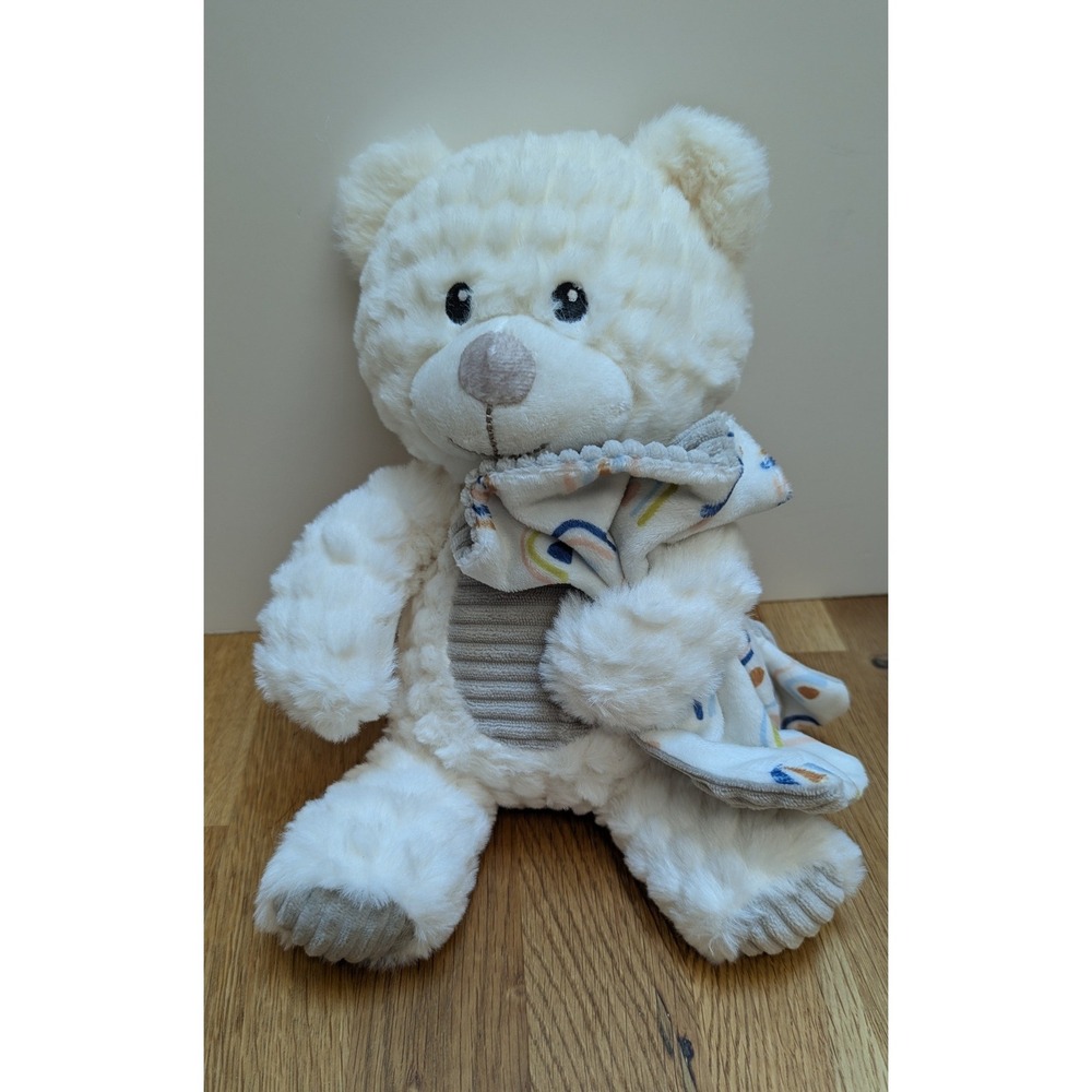 Spark Create Imagine Plush White Grey Teddy Bear Rattle Rainbow Blanket